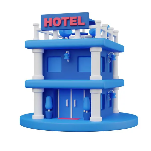 酒店大楼3D渲染图标孤立的白色背景 — 图库照片