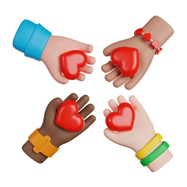 International Volunteer Day. Group of Volunteers hands holdind hearts. 3D render icon.