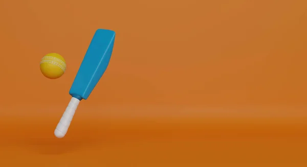 Cricketschläger Und Ball Auf Orangefarbenem Hintergrund Darstellung Mit Platz Für — Stockfoto