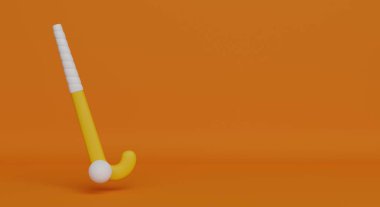 Turuncu arka planda çim hokeyi, top ve hokey sopası. Metniniz için 3B resimleme.