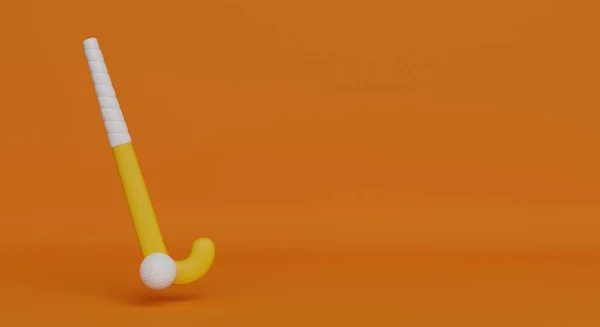 Gyeplabda Labda Hoki Bot Narancssárga Háttérrel Render Illusztráció Helyet Szöveg — Stock Fotó