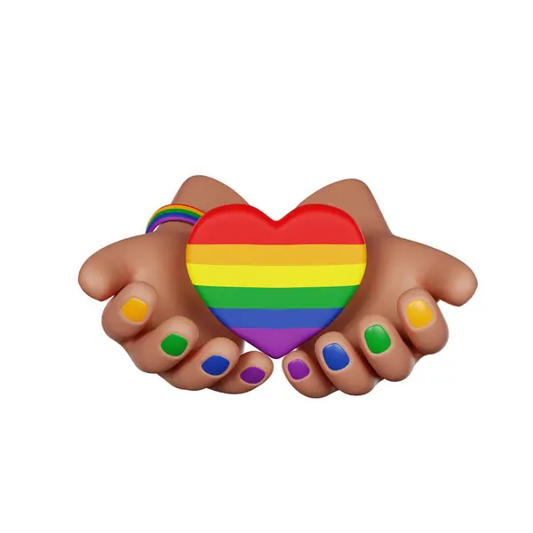 Hands hold LGBT Rainbow Heart, Pride Month, 3D render icon