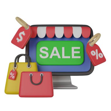 Bilgisayar ekranında alışveriş torbalarıyla indirimli satış promosyonu. 3B hazırlama simgesi