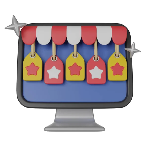 Online Shopping. Customer rating feedback. Computer Screen with Rating Stars. 3D render icon