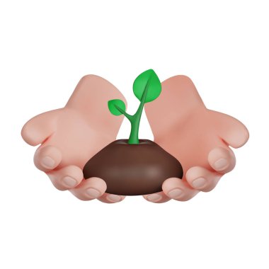 Dünya Çevre Günü. Gönüllü, bitkiyle birlikte toprağı tutuyor. 3B oluşturma vektör simgesi