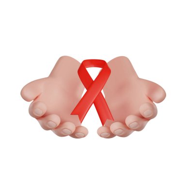 Dünya AIDS Günü. Gönüllü eller kırmızı kurdele tutuyor. 3B vektör gerçekçi simge oluşturur