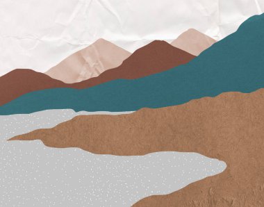 paper torn cardboard with design background with silhouettes of abstract nature landscape with mountains  clipart