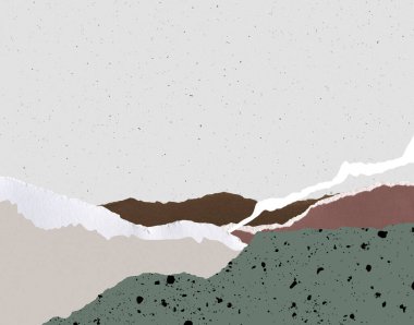 Yırtık güverte kenarları toprak renklerinde olan soyut bir manzara. Dağlar ve tarlalar. Kağıtların Yapısı.