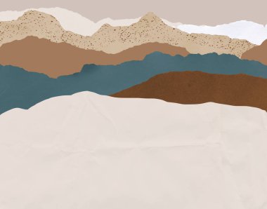 Yırtık güverte kenarları toprak renklerinde olan soyut bir manzara. Dağlar ve tarlalar. Kağıtların Yapısı.