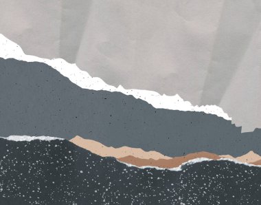 Yırtık güverte kenarları toprak renklerinde olan soyut bir manzara. Dağlar ve tarlalar. Kağıtların Yapısı.