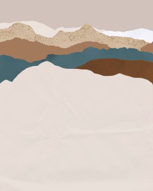 Yırtık güverte kenarları toprak renklerinde olan soyut bir manzara. Dağlar ve tarlalar. Kağıtların Yapısı.