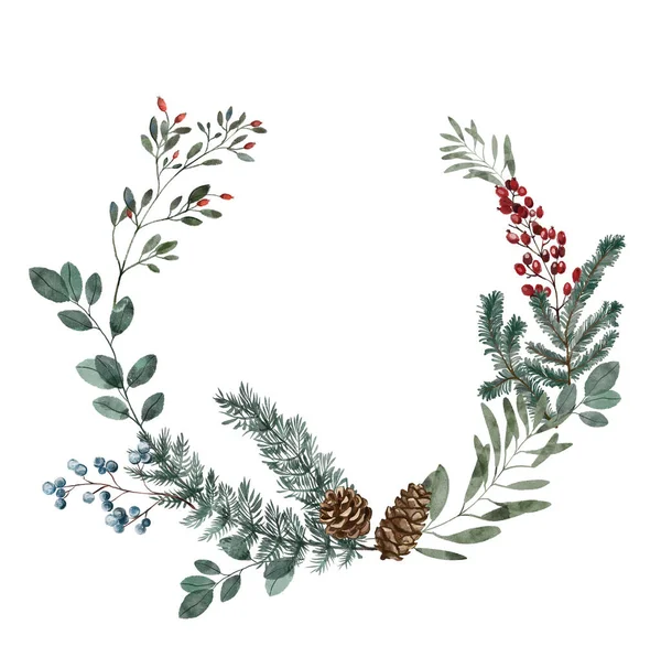 Karácsonyi Téli Akvarell Koszorú Tervezés Üdvözlőlap Banner Poszter — Stock Fotó