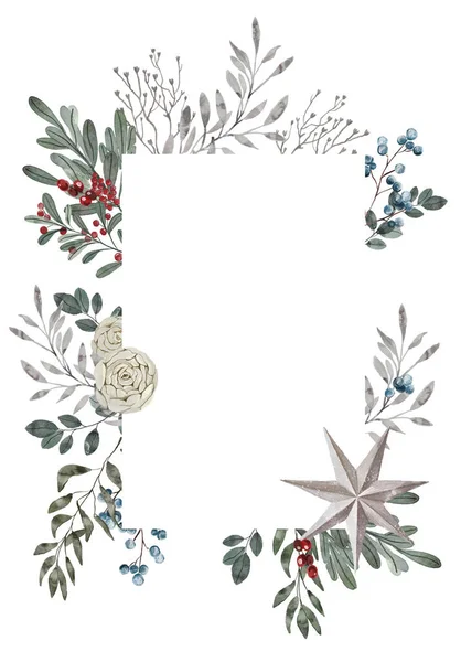 Kerst Winter Aquarel Bloemen Frame Met Bloemen Bladeren — Stockfoto