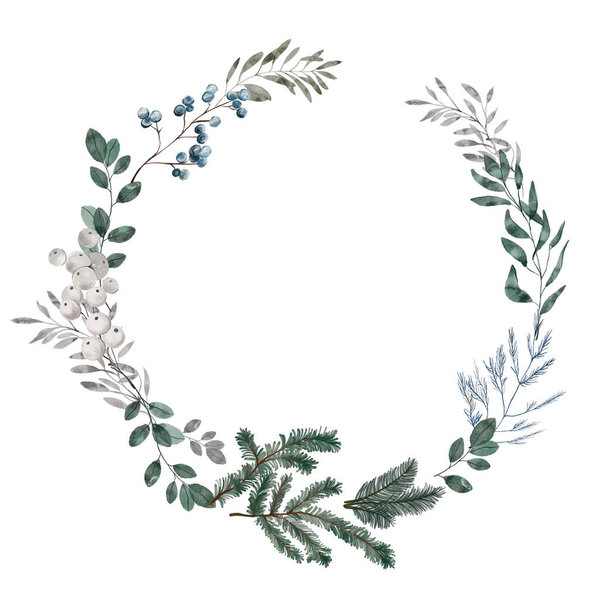 Christmas winter watercolor wreath. Design for greeting card, banner, poster.