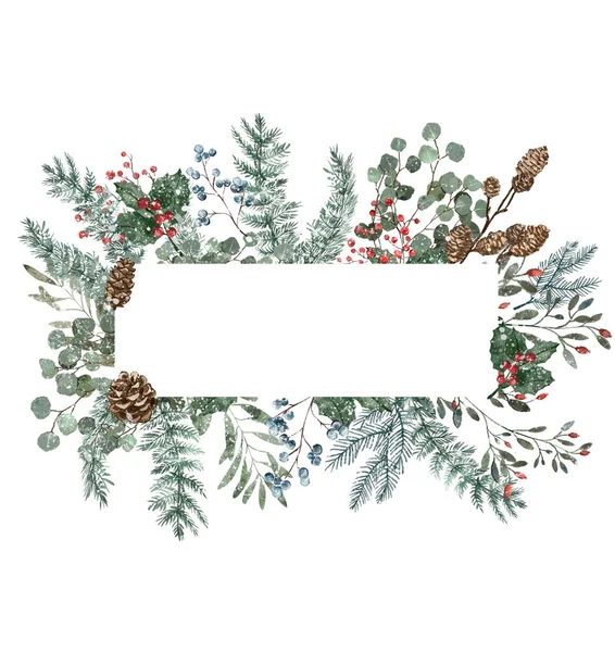 Natale Inverno Acquerello Cornice Floreale Con Fiori Foglie — Foto Stock