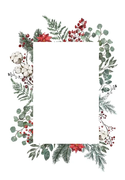 Vánoce Zima Akvarel Květinový Rám Květinami Listy — Stock fotografie