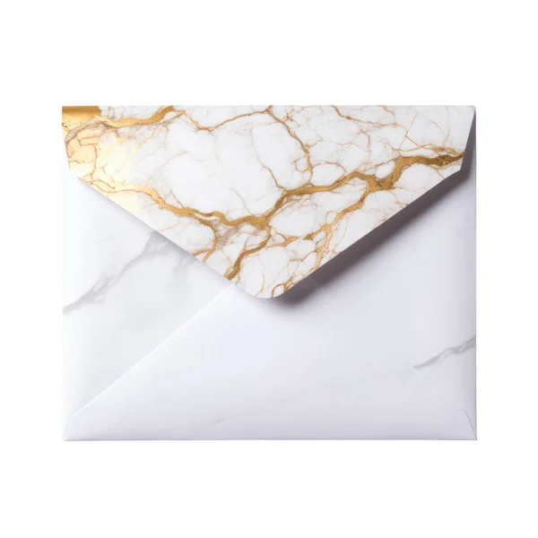 大理石の背景の黄金のカードが付いている空の封筒 上の眺め — ストック写真