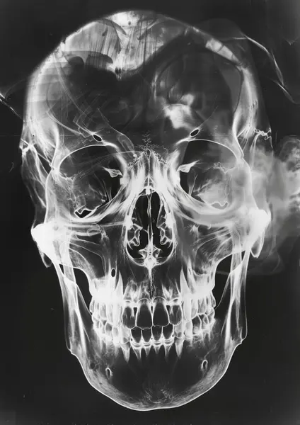 黒の背景に人間の頭蓋骨のX線 ストック写真