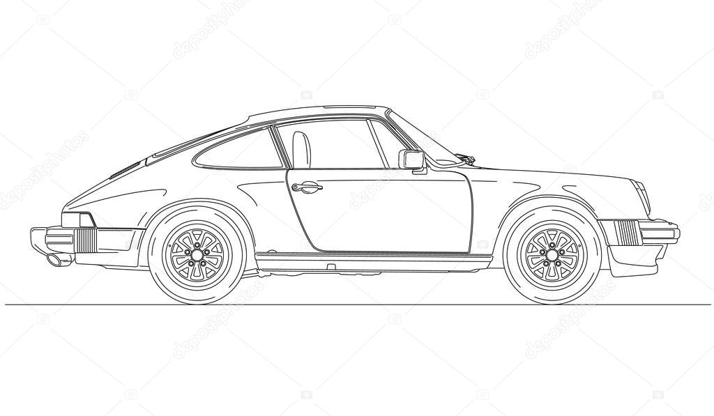 Germany, year 1974, Porsche 911 Carrera, vintage car, vector illustration outlined