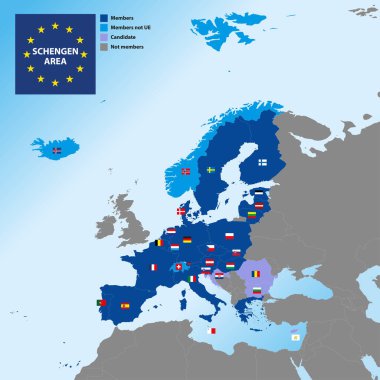 Sınırlar ve ülkelerin bayraklarıyla Schengen Alanı haritası, Avrupa, vektör illüstrasyonu