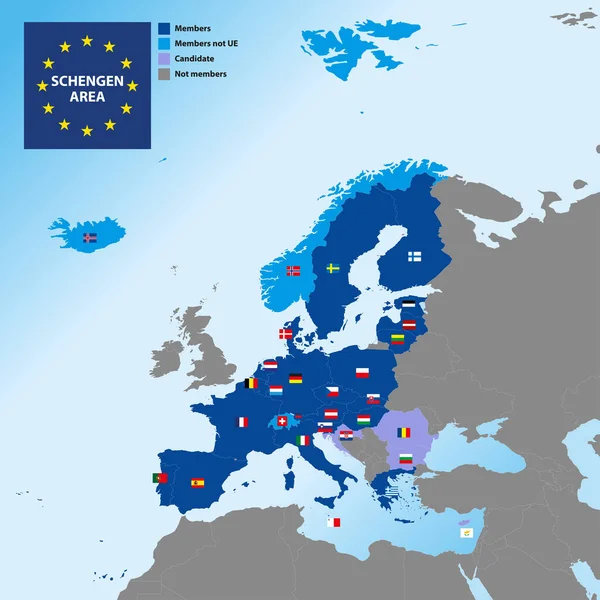 Schengenområdets Karta Med Gränser Och Flaggor För Länder Europa Vektorillustration — Stock vektor