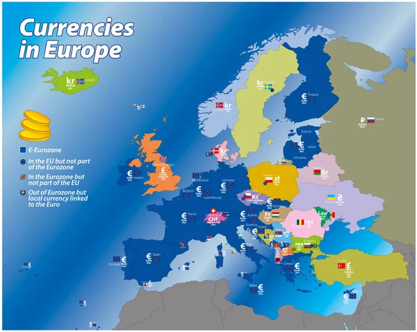 Χάρτης Ευρωπαϊκών Νομισμάτων Σύμβολα Σύνορα Και Σημαίες Διανυσματική Απεικόνιση — Διανυσματικό Αρχείο