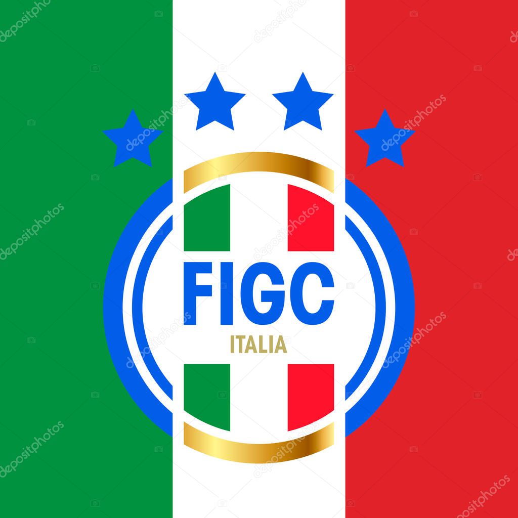 Emblem of the football federation of Italy with italian flag, editorial illustration