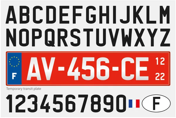 Placa Licencia Tránsito Temporal Francia Con Números Letras Color Rojo — Archivo Imágenes Vectoriales