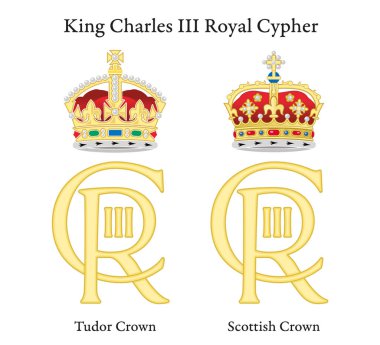Üçüncü Kral Charles 'ın yeni Kraliyet Cypher' ı Tudor Crown ve İskoç Crown ile birlikte, yıl 2022, Birleşik Krallık, vektör illüstrasyonu