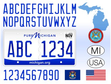 Michigan araba plakası, Amerika Birleşik Devletleri, harfler, sayılar ve semboller vektör ilülasyonu