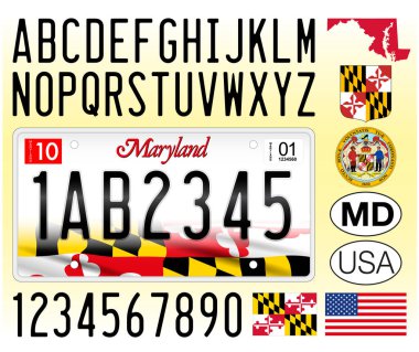 Maryland araba plakası, ABD, harfler, sayılar ve semboller, vektör illüstrasyonu