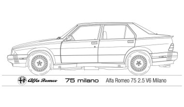 İtalya, 1986 yılı, Alfa Romeo model 75 Milano 2.5 V6 Milano, siluet çizimi