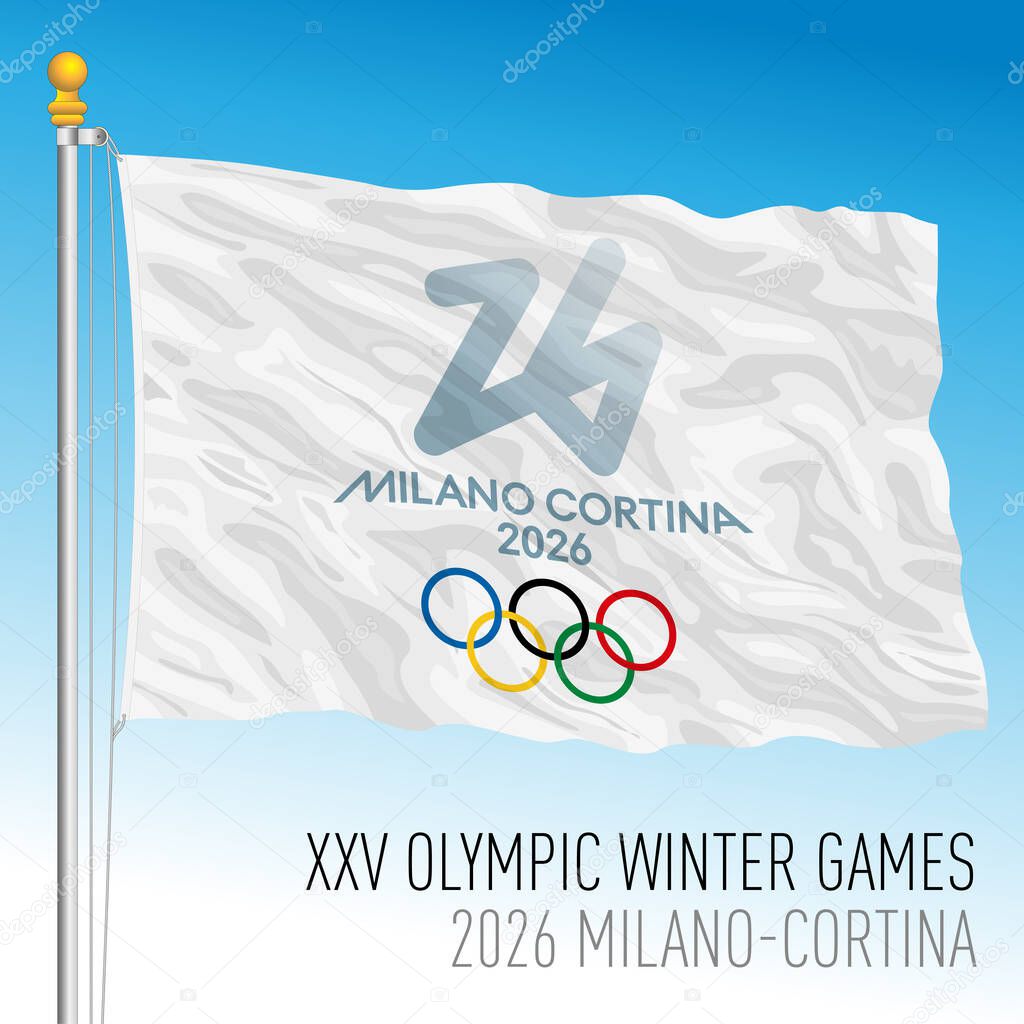 Italy, year 2026, flag of XXV Olympic Winter Games 2026, Milano and Cortina d'Ampezzo, vector illustration