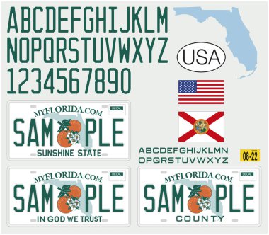 Florida plaka tasarımı, numaralar, harfler ve sembollerle, Amerika Birleşik Devletleri, vektör illüstrasyonu