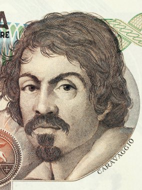 Caravaggio or Michelangelo Merisi engraved portrait on a vintage italian lire banknote, famous 17th century Baroque painter and artist, Italy