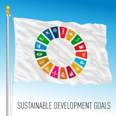 Flag of the Sustainable Development Goals international program with symbols in a circle with colored wedges, vector illustration