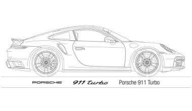Almanya, 2023 yılı, Porsche 911 Turbo araba silueti, beyaz arkaplanda illüstrasyon
