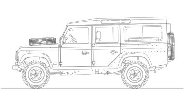 Birleşik Krallık, 1983 yılı, Land Rover Defender 110 silueti, beyaz arkaplan üzerine çizilmiş, illüstrasyon