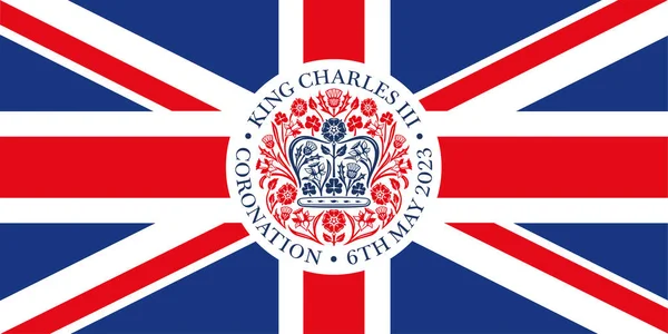 Великобритания 2023 Год Официальная Эмблема Третьей Коронации Чарльза Британском Флаге — стоковый вектор