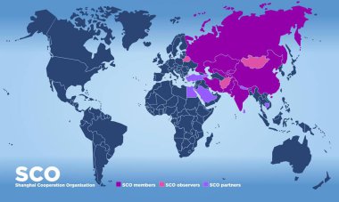 SCO Şangay İşbirliği Örgütü haritası, uluslararası örgüt, vektör illüstrasyonu