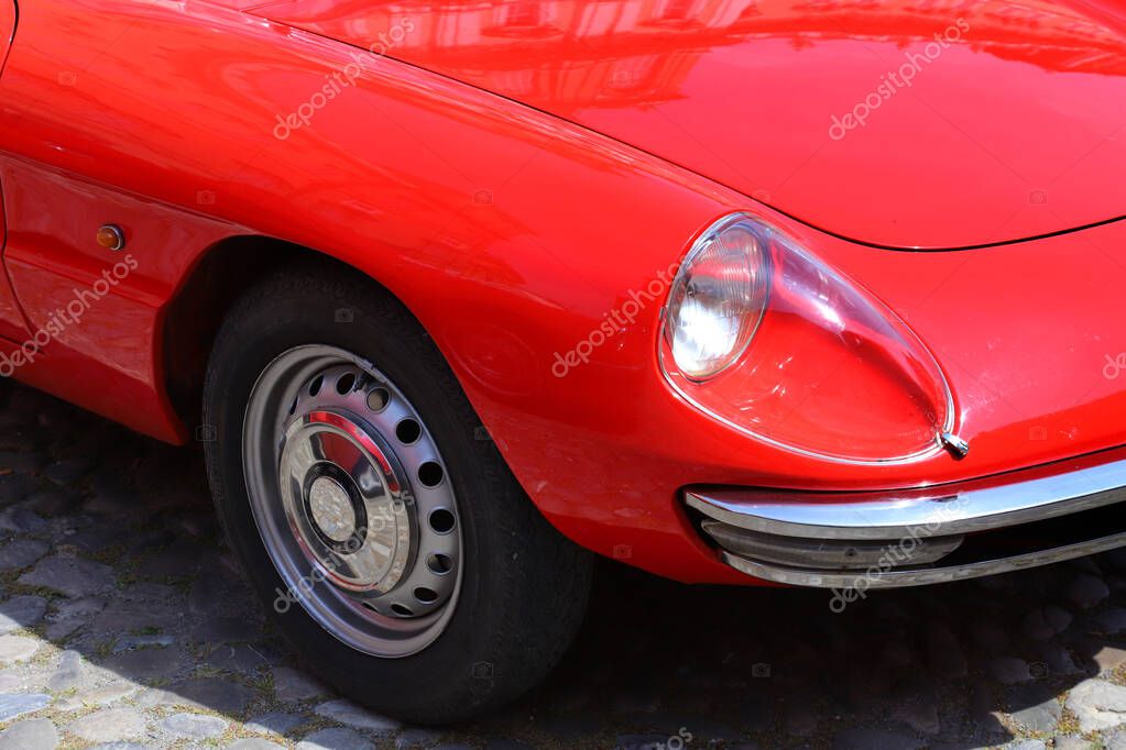 Italy, april 2023, external detail of the Alfa Romeo Spider Duetto vintage car, public exhibition of classic cars