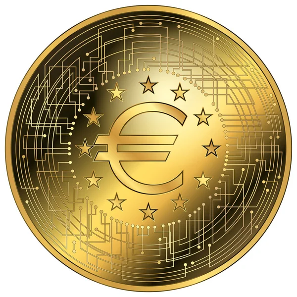 Euro Europeo Criptomoneda Fantasía Símbolo Oro Vector Ilustración — Vector de stock