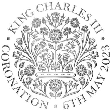 Londra, Birleşik Krallık, Mayıs 2023, Charles Üçüncü Taç Giyme Töreni gümüş metalik sembolü, İngiltere, illüstrasyon