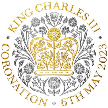 Londra, Birleşik Krallık, Mayıs 2023, Charles Üçüncü Taç giyme töreni altın ve gümüş metalik sembol, İngiltere, illüstrasyon