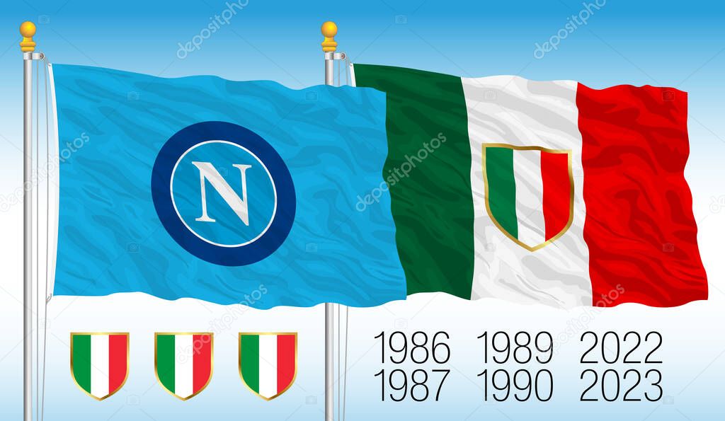 Napoli SSC footbal club winner of italian soccer championship 2022-2023, team flag and italian flag with scudetto, vector illustration