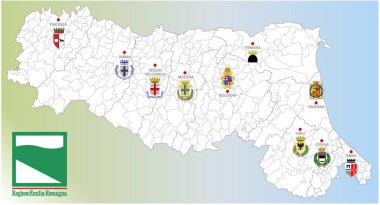 Emilia Romagna bölgesi, İtalya, sınır haritası, şehirler ve eyalet başkentlerinin arması, vektör illüstrasyonu