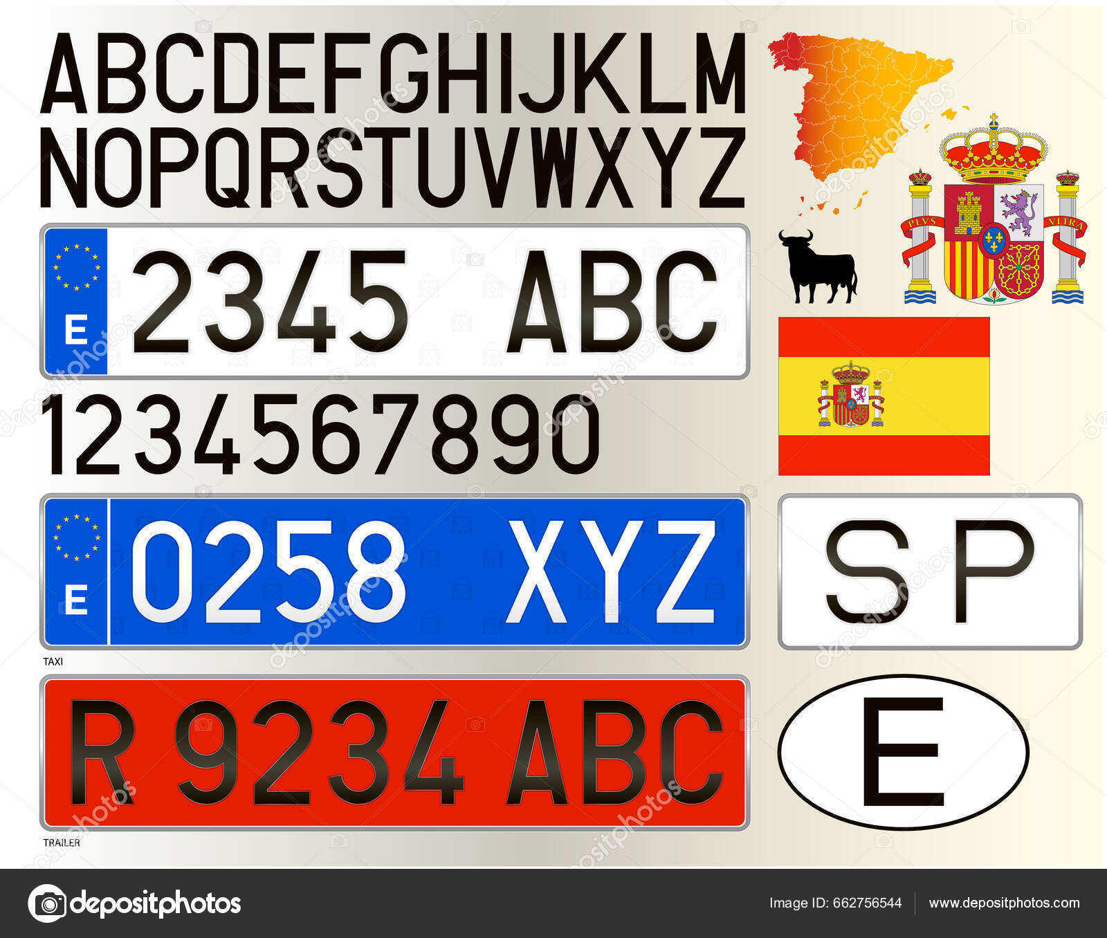 西班牙车牌数字和符号西班牙欧洲联盟矢量图解图库矢量图©frizio 662756544