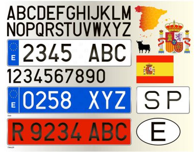 İspanyol araç plakası, harfler, sayılar ve semboller, İspanya, Avrupa Birliği, vektör illüstrasyonu