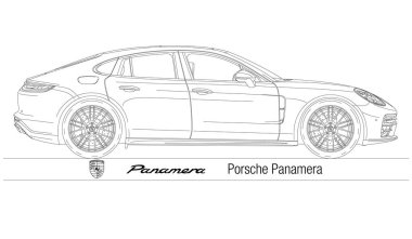 Almanya, 2009 yılı, Porsche Panamera süper araba, siluet ana hatlı, vektör illüstrasyonu