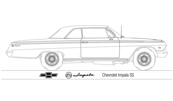 Usa Baujahr 1962 Chevrolet Impala Zweitürig Oldtimer Silhouette Skizziert Vektorillustration — Stockvektor